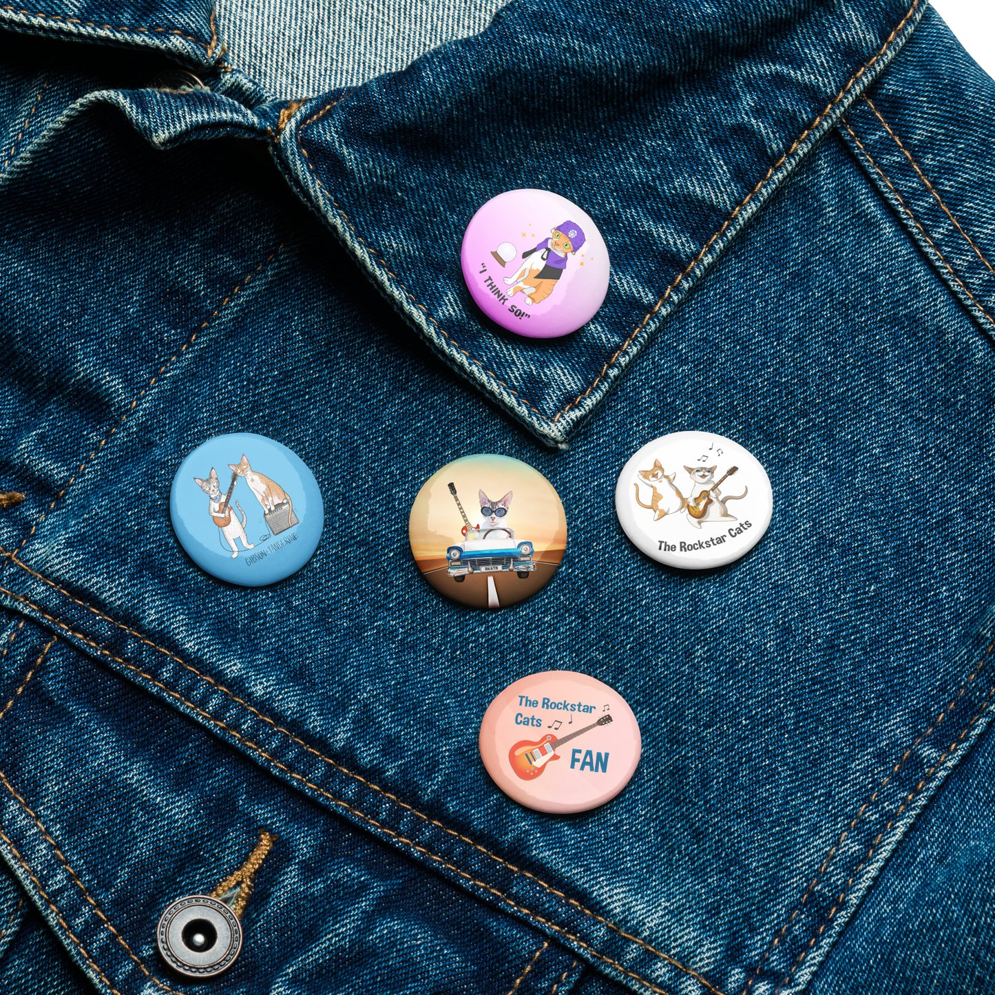 Set of pin buttons featuring The Rockstar Cat