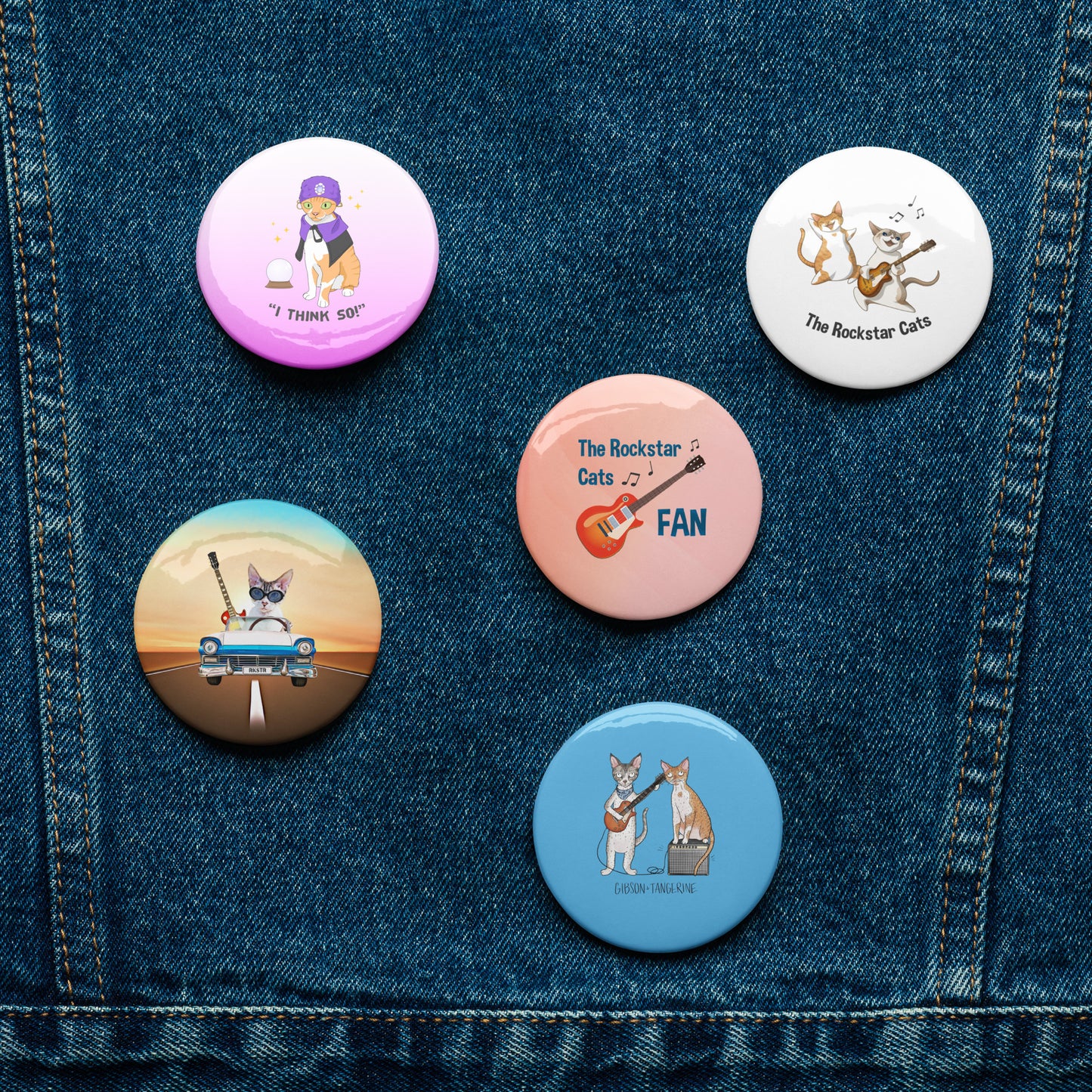 Set of pin buttons featuring The Rockstar Cat