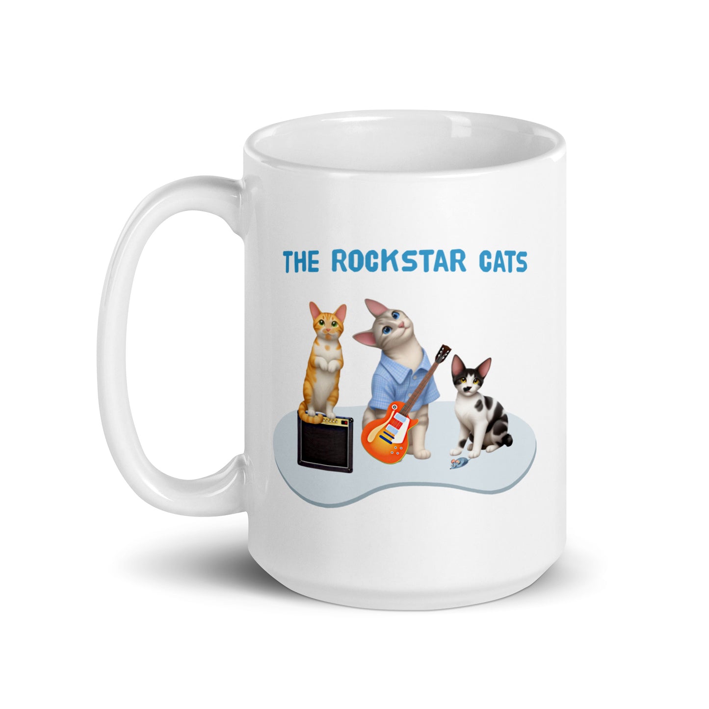 White glossy mug - Rockstar Cat Trio